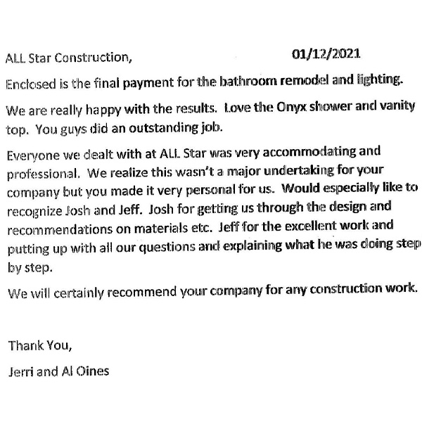 Letter thanking All Star Construction for work